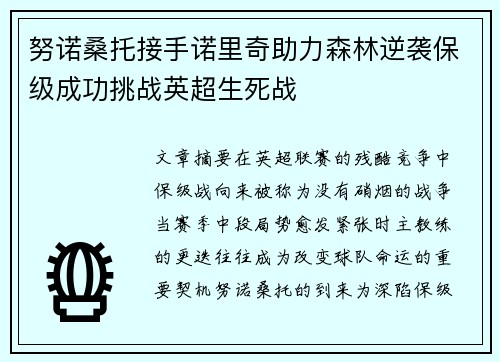 努诺桑托接手诺里奇助力森林逆袭保级成功挑战英超生死战 努诺桑托接手诺里奇助力森林逆袭保级成功挑战英超生死战