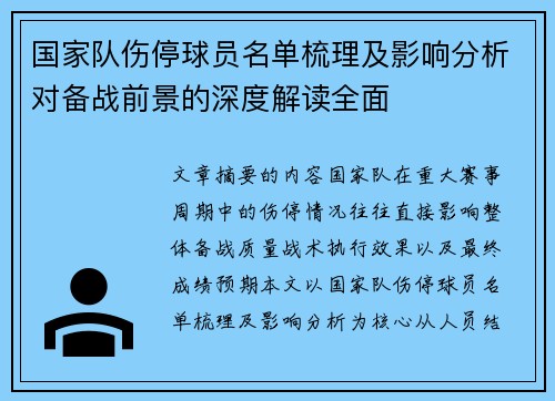 国家队伤停球员名单梳理及影响分析对备战前景的深度解读全面 国家队伤停球员名单梳理及影响分析对备战前景的深度解读全面