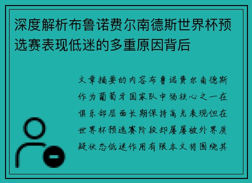 深度解析布鲁诺费尔南德斯世界杯预选赛表现低迷的多重原因背后
